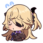 image of an emote from the game genshin impact, showing a character named fischl with crossed arms and a pout.