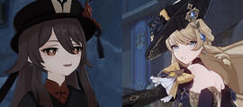 an imgage of the genshin impact characters hu tao and navia.
